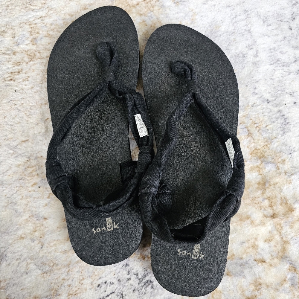 Sanuk Women's Sandals Flip Flops Fabric Thongs Black Size 10